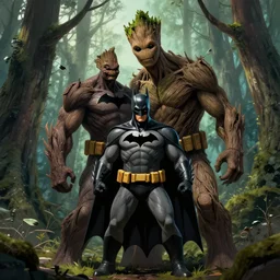 batman meets groot in the woods digital art 4 k detailed super realistic
