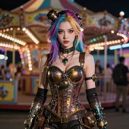 photorealistic render of a curiosities carnival, single young beautiful dollpunk posing in a full steampunk corset, cyberpunk dyed haircut, looking at camera, symmetry accurate features, focus, rainbow lighting, very intricate details, award winning masterpiece, by tom bagshaw