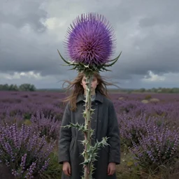 portrait, enormous thistle flower under head, a girl wearing coat in heather field, surreal photography, wind and cold, dramatic sky, impressionist painting, digital painting, artstation, simon stalenhag