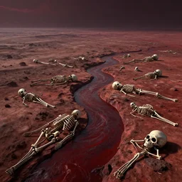 alien planet, huge skeletons lie between dark red rivers,