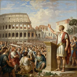 an awe - inspiring raphael lacoste and noah bradley landscape painting of a roman emperor giving a speech to a massive crowd atop an authoritative podium inside the coliseum