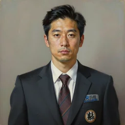 a beautiful, hyperrealism, oil painting portrait of a japanese salary man wearing a suit, kanji tattoos and decals, in the style of james jebusa shannon, reisha perlmutter and finnian macmanus