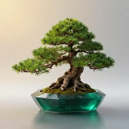 photo bonsai cedar on a small angular gem emerald in the water, gold hour, soft lighting, light fog, medium full shot, volumetric lighting, beautiful, ultra detailed, cgsociety by leesha hannigan, thierry doizon, 3 5 mm, fujifilm, cinematic, realistic