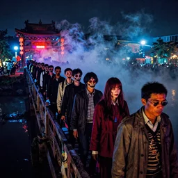 中 国 鬼 节, long procession of the dead is queuing up on the naihe bridge. comic book, psychedelic lights and fog, zdzislaw, ayami kojima, yamamoto, barclay shaw, karol bak, hyperrealist, 8 k