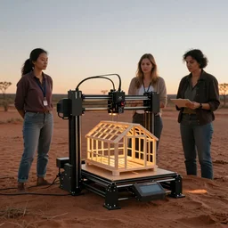 robotic 3d printer printing an earthship house frame in the australian desert, supervised by an asian, caucasian and indian woman,  XF IQ4, 150MP, 50mm, F1.4, ISO 200, 1/160s, dawn