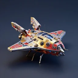 a small c 4 d rendered spaceship toy, popular colourful, complete, realistic, exquisite detail, metallic, solid color background, from 2 0 5 0, central composition, cinematic light, sci fi, global illumination, matte painting, high detailed, unreal engine, octane render, 4 k, hd, high quality, bionics, like an insect