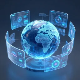 concept designs for a blue holographic interface with multiple components deconstructing from a central spherical globe the a biological visualization