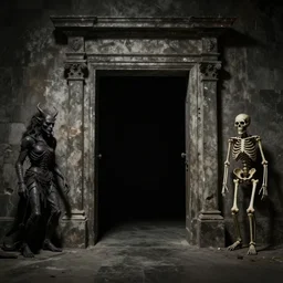In the center of the performance art is a large gateway that seems to lead into abyss of darkness. On either side of the gateway are two figures, one a demon-like creature, the other a skeletal figure.  by Keith Negley tired, shadowy