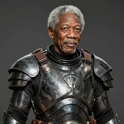 A photorealistic illustration of Morgan Freeman wearing Gordon freeman's armor