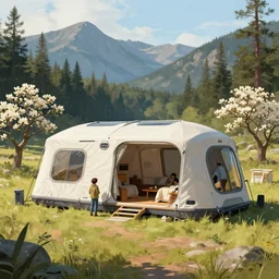 cabela's tent sci - fi retro futuristic pop up family space pod, cabin, modular, person in foreground, mountainous forested wilderness open fields, beautiful views, painterly concept art, joanna gaines, environmental concept art, farmhouse, magnolia, concept art illustration by ross tran, by james gurney, by craig mullins, by greg rutkowski