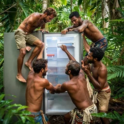 a group of men struggling to climb a refrigerator in the jungle, high quality photo, 8 k, extreme detail