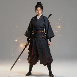 fullbody portrait of beatiful female samurai in front of sparks in the style of Raymond Swanland, cinematic, artstation