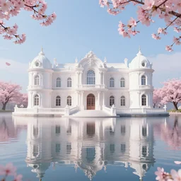 magic baroque - style palace on the island, paradise, white, pink, luminous water, water reflection ， sakura, magic, realism, unreal engine, super detail, lifelike, 8 k, masterpiece, artstation, panorama, wide angle