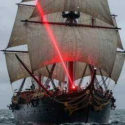 a red laser light from deck of an old warship with sails, unreal engine, octane render, style of midjourney, highly detailed, elegant, digital illustration, detailed, intricate, sharp focus, digital painting, deep focus, artstation, art by artgerm and greg rutkowski