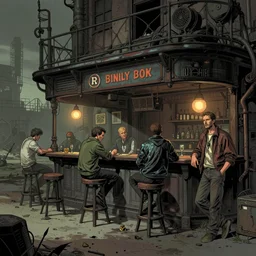 detailed ultra - realistic graphic novel illustration of cyberpunk postapocalyptic desolate industrial bar by edward hopper and gregory crewdson, cinematic, full shot, ian miller, wayne barlowe, greg rutkowski