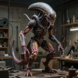 photo taken of an epic intricate, ultra detailed, super realistic gritty, hero prop, exquisitely painted animatronic movie prop of a grotesque nightmarish hellish alien creature displayed in the workshop, created by weta workshop, full body shot, photorealistic, sharp focus