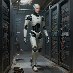 ruined server room in datacenter painting concept art of full - body robot with beautiful human face, pacing in server room, wires, by pascal blanche rutkowski artstation detailed