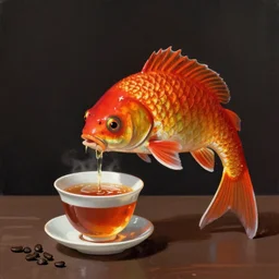 a digital painting of a fish drinking a cup of tea, rich vivid colors, ambient lighting, dynamic lightin