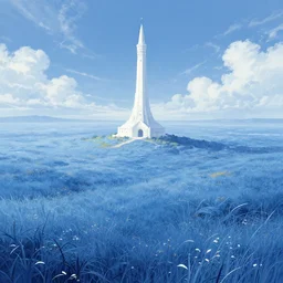 A intricate fantasy landscape of beautiful plains with blue grass and the white tower that reach the sky, in style of Cyril Rolando