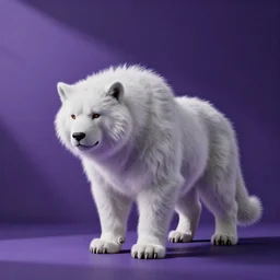 a photo of a white fur monster standing in a purple room,