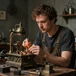 a aesthetic portrait of a tinkerer working on ancient machines to do magic