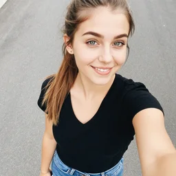 iPhone selfie photo, female college student with light brown hairand green eyes. she's wearing a black vneck tshirt, blue jeans, pony tail. She's a girl next door innocent type. She's smiling, happy, trending on instagram, film grain