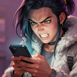 close-up of D.va furiously reading twitter on her phone, digital art by Greg Hildebrandt and Artgerm and Ross Tran, highly detailed