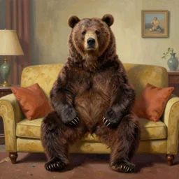a grisly bear sitting upright on a couch in a 1 9 6 0 s style living room. featured on artstation. painting. beautiful use of colors