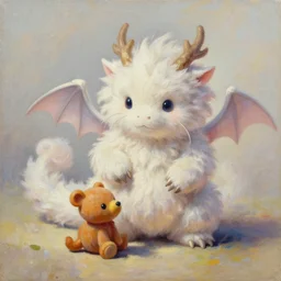 oil painting of fluffy dragon playing with toy