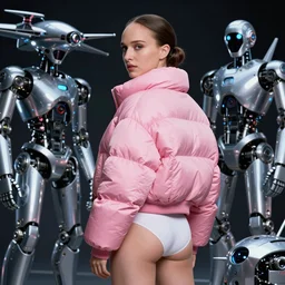 beautiful portrait, natalie portman, back facing, wearing oversized pink puffy bomber jacket and white leotard, futuristic chrome drones, ultra realistic, dramatic lighting, robots, tron legacy artifacts, highly detailed by peter mohrbacher, hajime sorayama, wayne barlowe, boris vallejo, aaron horkey, gaston bussiere, craig mullins