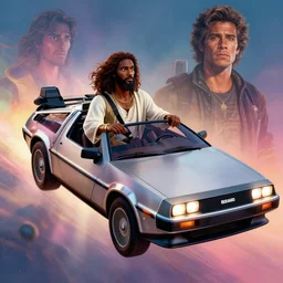 3 d vfx - drew struzan movie poster - art of an african jesus in a flying delorean, art style by james jean & hsiao - ron cheng, unreal engine render, digital illustration, sharp, intricate detail, volumetric lighting, ray tracing, soft light, colourful, ernie barnes style, delorean, pinterest, artstation, behance