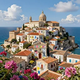 extremely highly detailed majestic hi-res beautiful Mediterranean old town with lots of flowes by the seaside by Jean-Michel Basquiat, 8k, high textures, hyper sharp, insanely detailed and intricate, super detailed, 4k HDR high quality