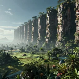 the surface of a distant tropical planet with surreal landscape and 1 0 0 km high a wall, cinematic angle, movie concept, trending on artstation, octane render, 8 k, ultra high detail