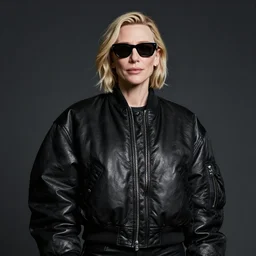 detailed attractive characther portrait of cate blanchett wearing oversized leather puffy black bomber jacket and waring sunglasses, realistic, wide angle, dramatic light 8 k