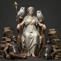 The Goddess Minerva surrounded by stacks of books and bodies of dead soldiers she slain in battle with her wise owl resting on her shoulders unreal engine 5 8k hyperdetailed photorealism HDR