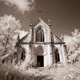 abandoned church with overgrown vegetation, vintage infra red photograph