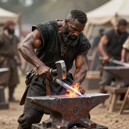 a muscular dwarf blacksmith, wearing blacksmith clothing!!!!, swinging hammer down forging a sword on an iron anvil, cinematic, epic, medieval, renaissance festival, realistic, tabletop miniatures!!!, product photos!!!!!! by greg rutkowski, craig mullins, archvillain, blizzard, hearthstone, wotc