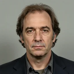 A mugshot portrait of a middle aged man who looks like Jerma985 with a receding hairline and short mid-length wavy hair, wearing mid-1980s menswear in the late 2008, taken in the late 1980s, grainy, realistic, hyperrealistic, very realistic, highly detailed, very detailed, extremely detailed, detailed, trending on artstation, front facing, front view, headshot and bodyshot, detailed face, very detailed face