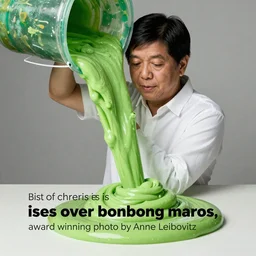 “A bucket of green slime is poured over bonbong marcos, award winning photo by Annie Leibovitz”