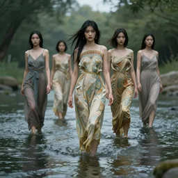 a full body shot of asian girls in a river by artgerm, dynamic lighting, ray tracing, tom bagshaw, alphonse mucha, donata giancola, mary jane ansell, atmosphere, realism, octane render, dof, hyperdetailed, 8 k