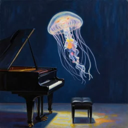 a painting of a jellyfish playing the piano on stage in the spotlight