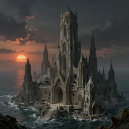 detailed art by carl gustav carus and zdzislaw beksinski of an abandoned towering ornate city by a dead grey sea, coastal city and a dead ocean with two suns in the sunset over the water, the great ancient forgotten city of lost carcosa, the ancient sleeping ghost city of hastur the king in yellow, 8 k resolution, smooth, sharp focus, dramatic dark eerie lighting, matte painting