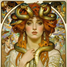 cleopatra with coiled serpents beautiful detailed romantic art nouveau face portrait by alphonse mucha, kay nielsen, yoshitaka amano, and gustav klimt, hauntingly beautiful refined moody dreamscape