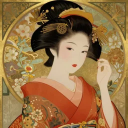 beautiful japanese geisha girl, mucha style, art nouveau,