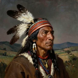 a head and shoulder painting of a rugged scarred American native Apache warrior with an eagle feather in his braided head-ban with a hilly Texas hill-country background, in the style of Albert Bierstadt and George Catlin, insanely detailed, extremely moody lighting, glowing light and shadow, atmospheric