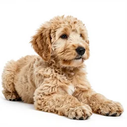 Golden Labradoodle laying down with closed mouth and looking sideways isolated on white background