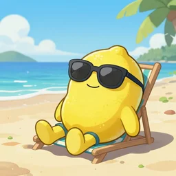 lemonman cartoon character wearing a sunglass, is relaxing on a beach,, inspired by dalle 2 generations.