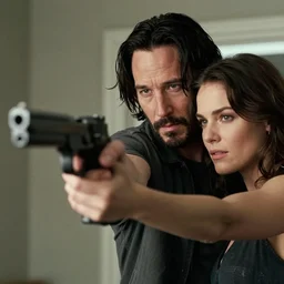 a photo of keanu reeves aiming a gun at melanie laurent kodak portra 4 0 0, 8 k, macro, cinematic style by emmanuel lubezki