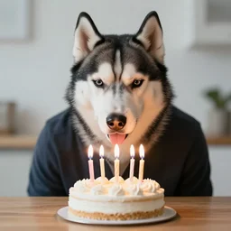 a man with the head of siberian husky blowing out candles on a birthday cake