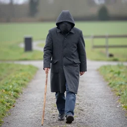 a man walking along a field path a man wearing a long coat covering his head, a man holding a long stick in his hand